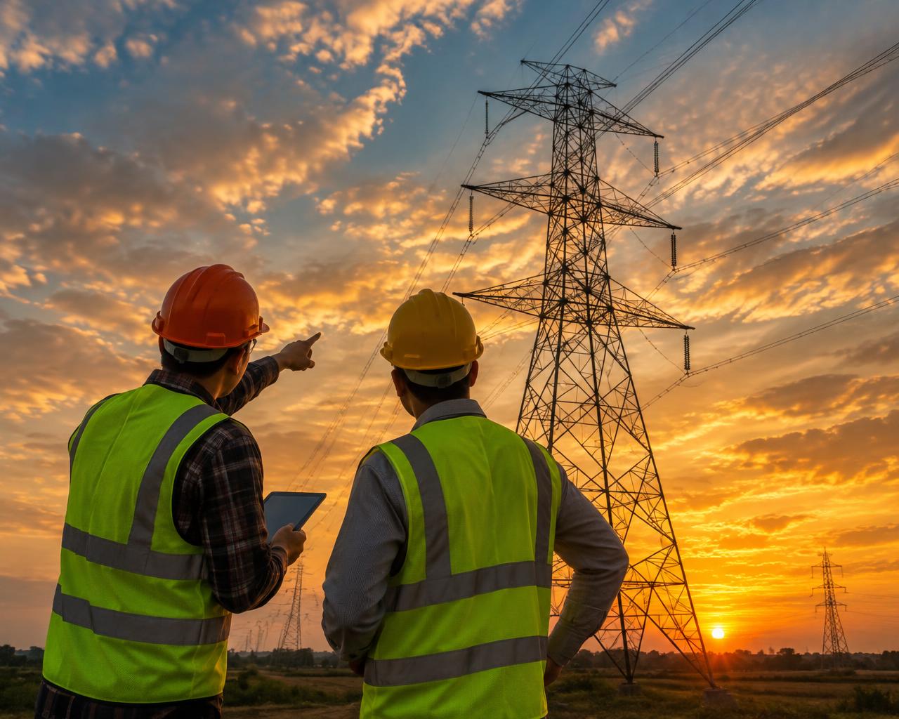 Engenheiros eletricistas analisando torre de transmissão ao pôr do sol